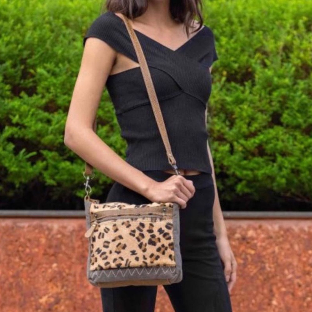 Myra Bags True Essence Shoulder Bag leather canvas leopard print